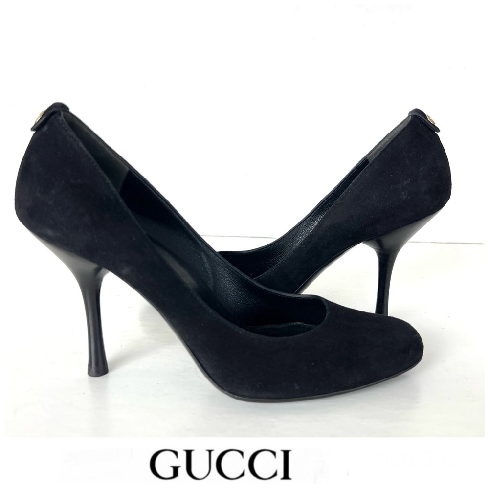 GUCCI Black Suede Interlocking GG Logo In Back Closed Toe Heel Pumps Sz 7 1/2 B